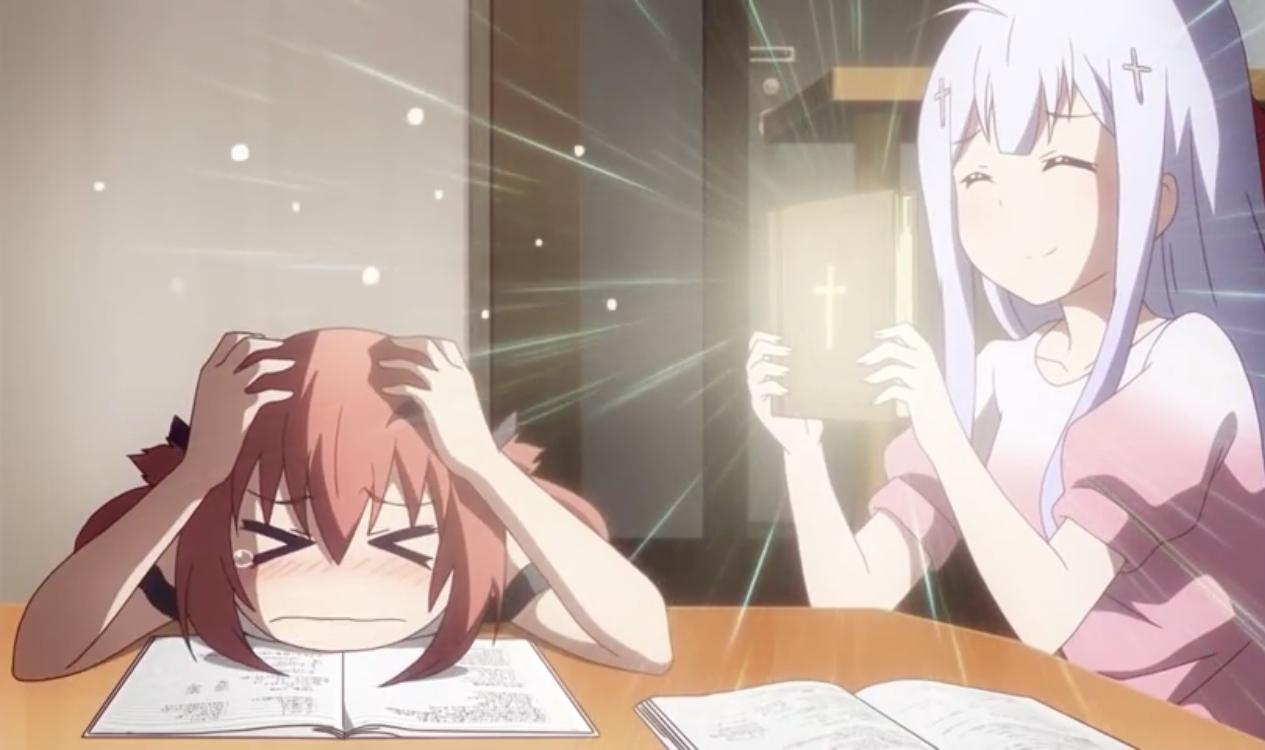 Screenshot from Gabriel Dropout. Raphiel Shiraha Ainsworth is holding up a bible, causing Satanichia Kurumizawa McDowell to suffer